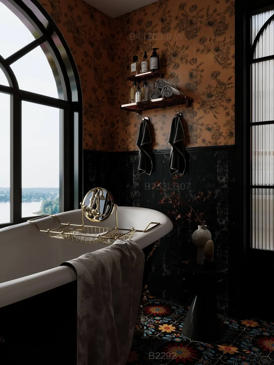 Black Multicolor Floral Decorative Tile for Wall & Floor