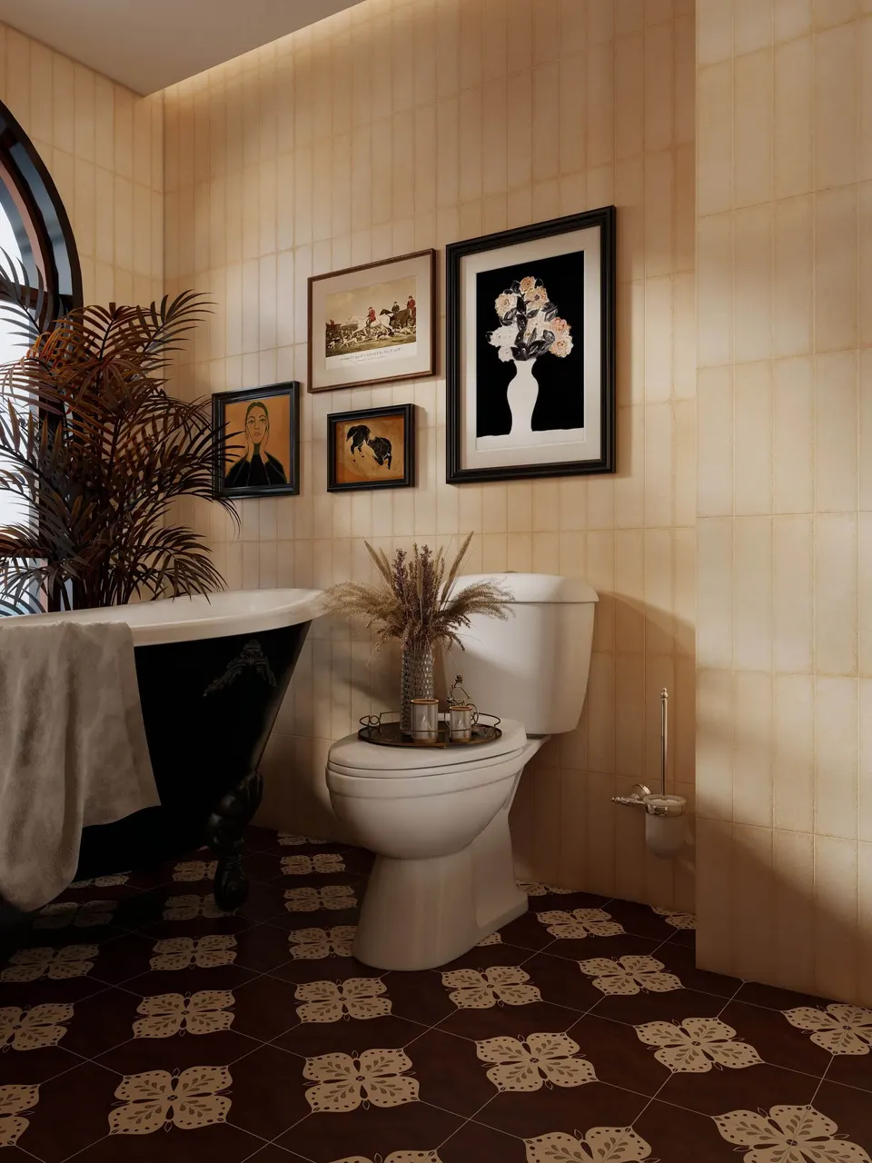 Dark Brown Beige Four-Leaf Floral Decorative Wall & Floor Tile