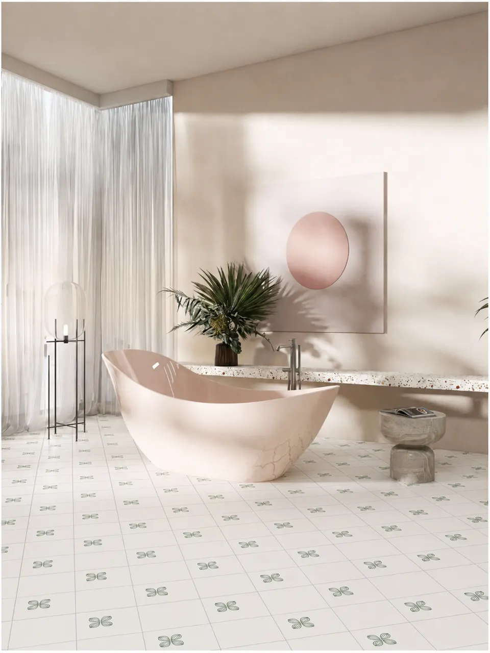 Sage Green Four-Leaf Flower Small Tile for Walls and Floors