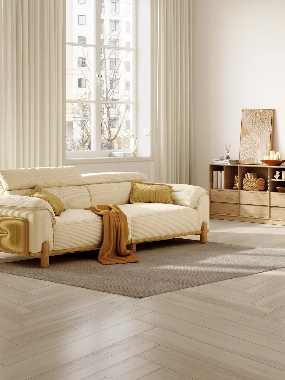 Light Cream Beige Natural White Oak Wood Look Porcelain Wall and Floor Tile
