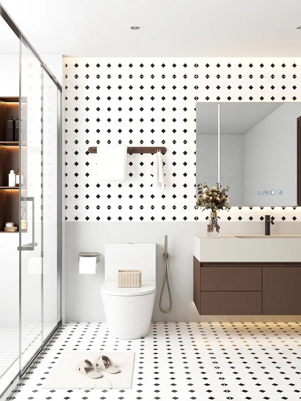 White & Black Octagon Mosaic-Look Porcelain Tile for Walls and Floors