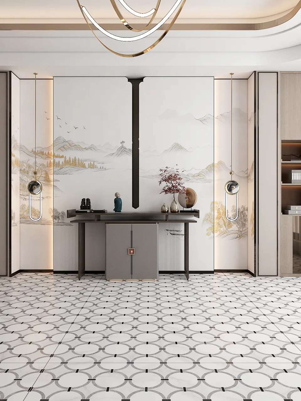 White, Grey & Black Circle Lattice Mosaic-Look Porcelain Tile for Walls and Floors