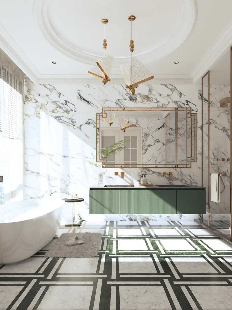Dark Green & White Framed Square Mosaic-Look Porcelain Tile for Wall and Floor