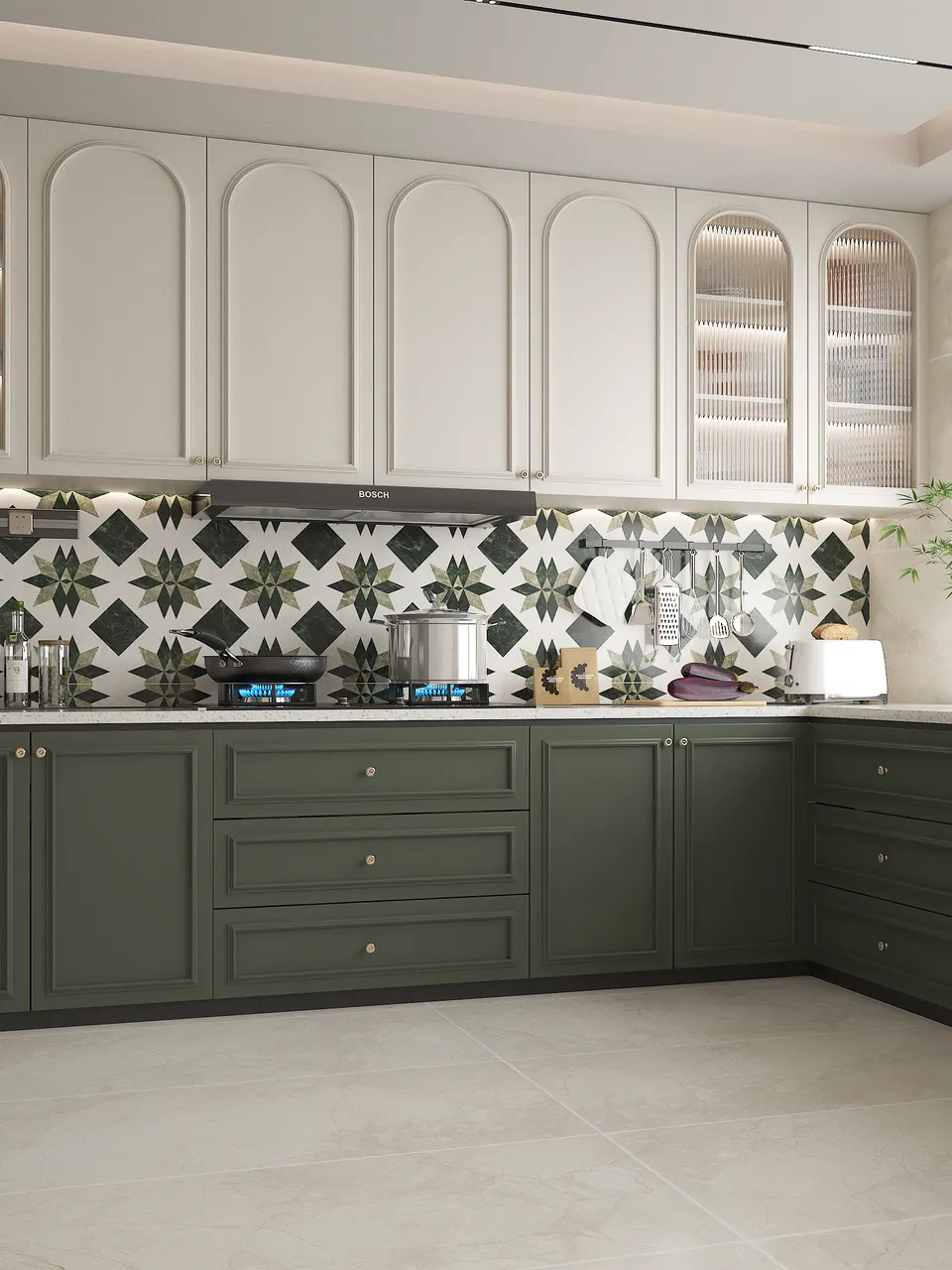 Dark Green & White Herringbone Mosaic-Look Porcelain Tile for Walls and Floors