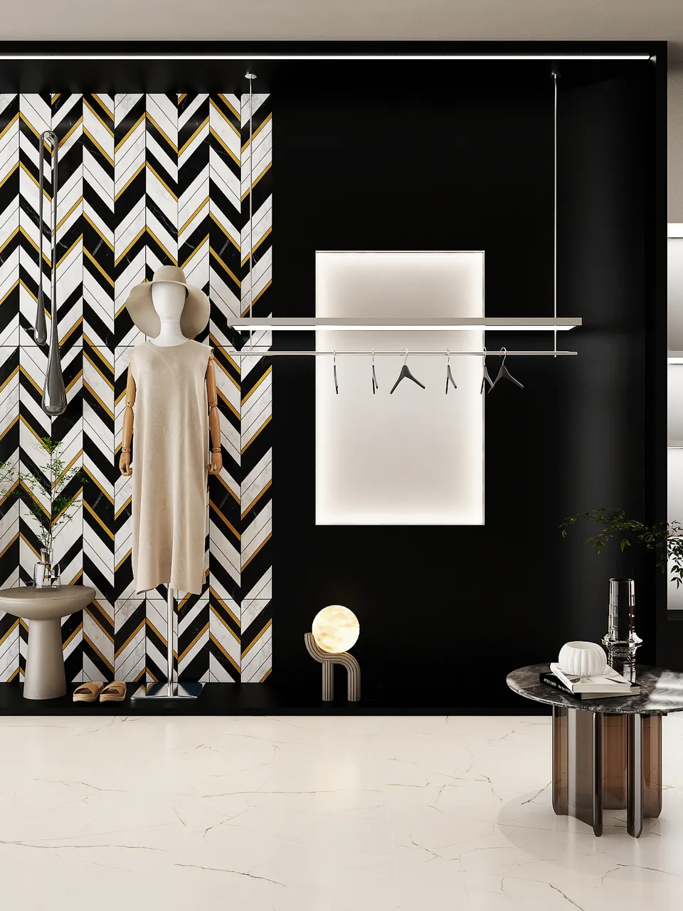 Black White and Gold Chevron Mosaic-Look Porcelain Tile for Wall and Floor