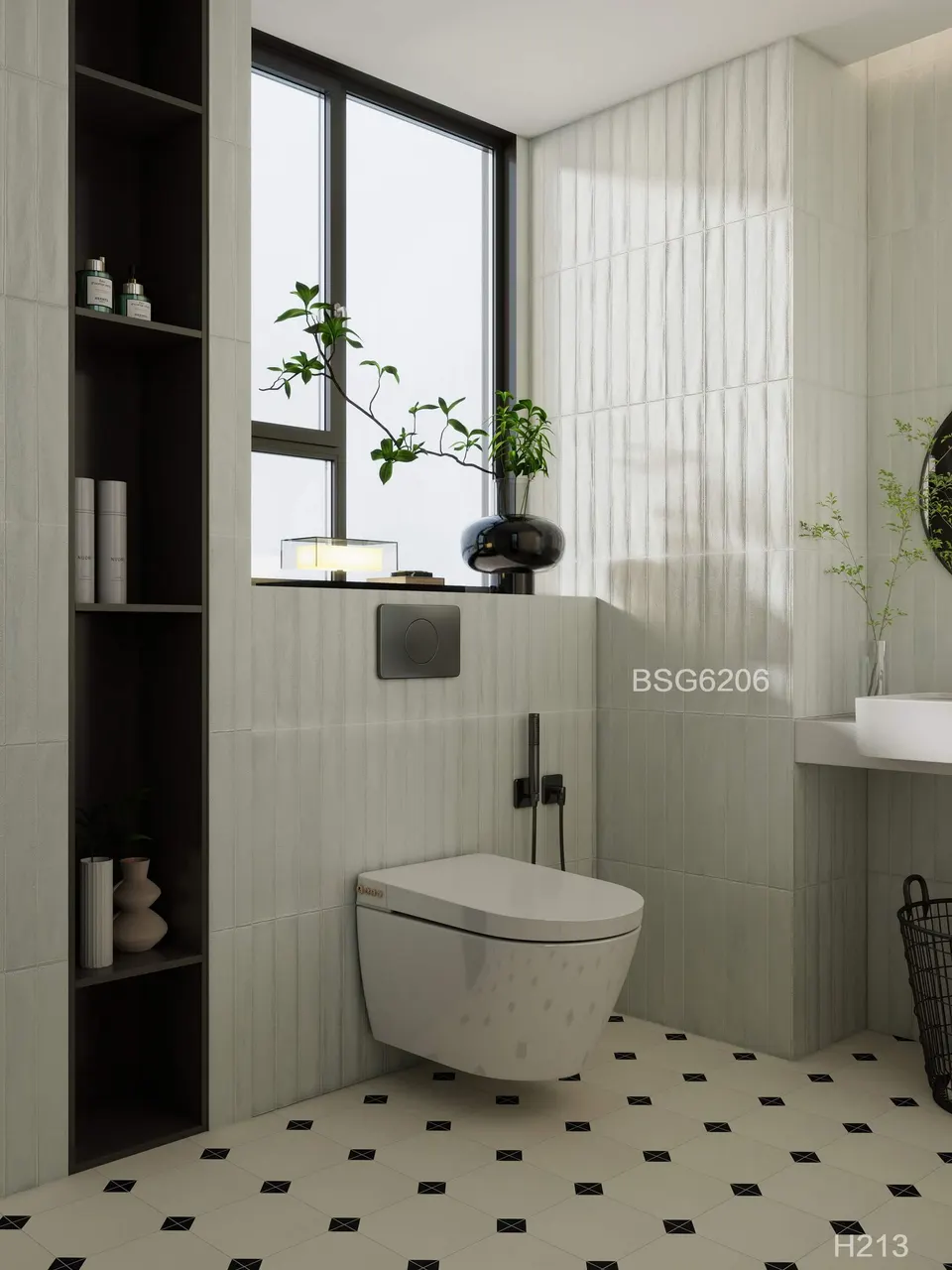 Ivory & Charcoal Black Octagonal Frame Patterned Tile for Wall & Floor