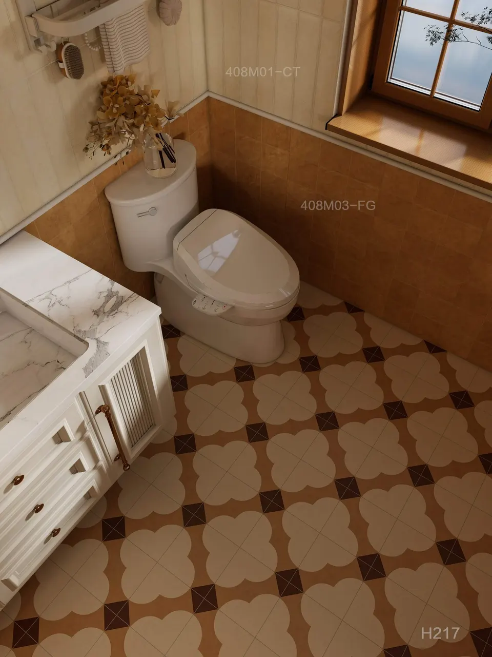 Ivory & Camel Brown Geometric Floral Patterned Porcelain Tile for Wall & Floor