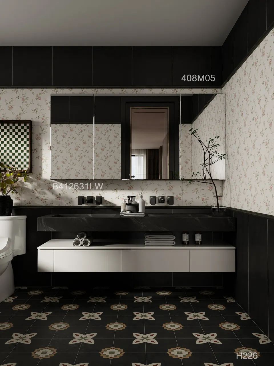 Charcoal Grey Floral Geometric Medallion Decorative Tile for Wall & Floor