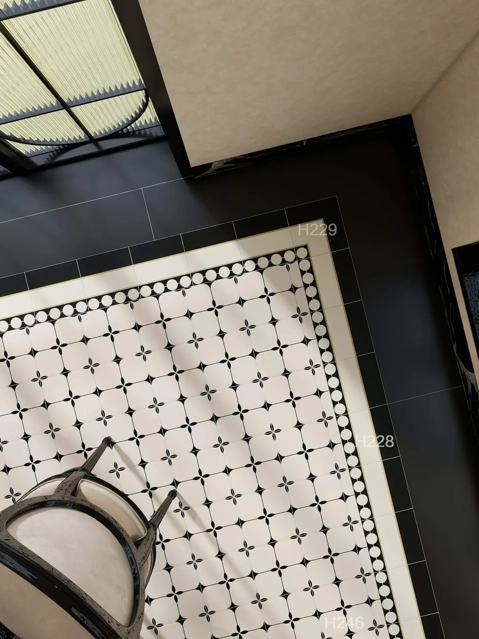 Charcoal Blue & Ivory Framed Geometric Motif Decorative Tile for Wall & Floor