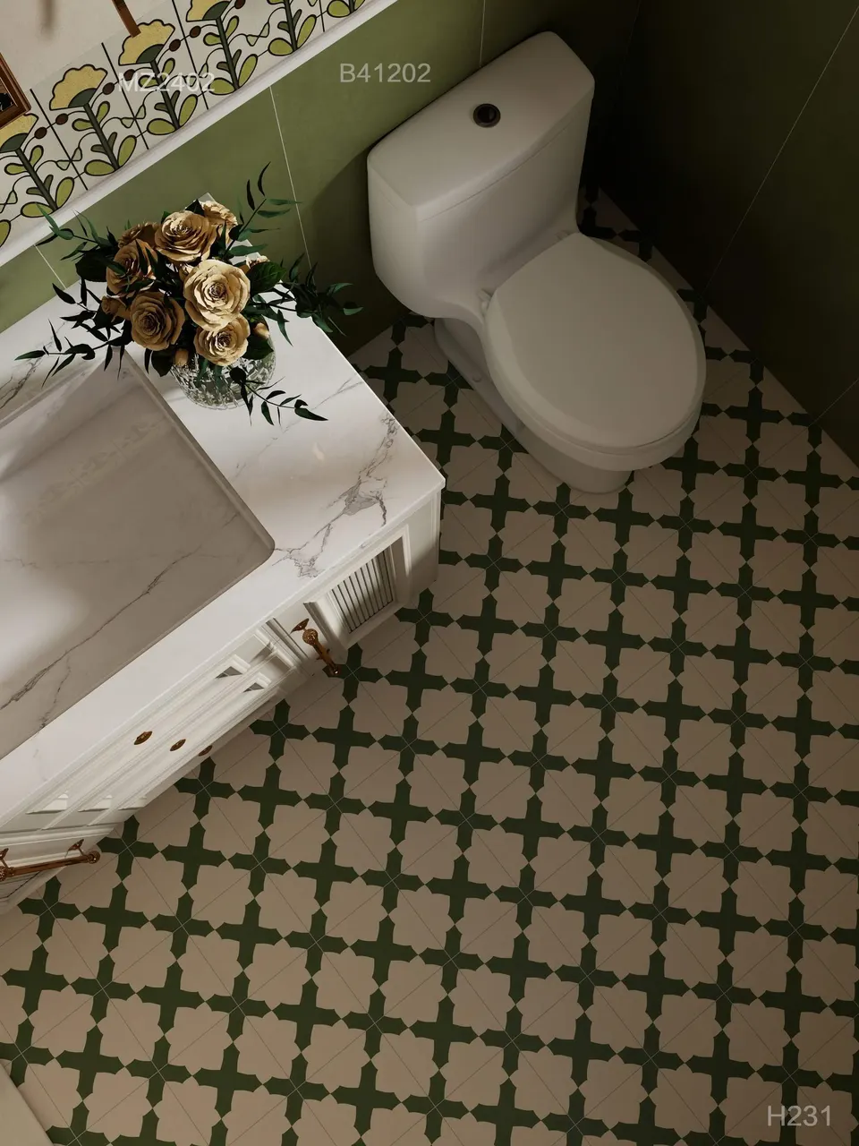 Sage Green & Ivory Geometric Floral Porcelain Tile for Wall and Floor