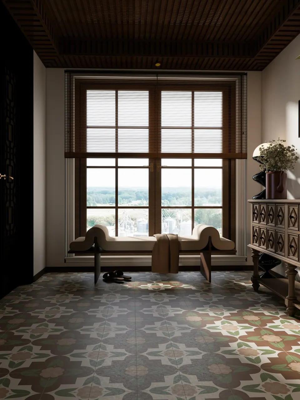 Warm Brown Geometric Floral Pattern Look Porcelain Tile for Wall & Floor
