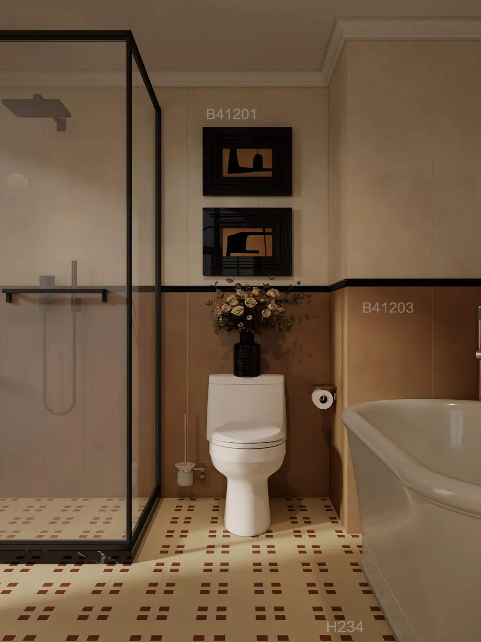 Warm Beige Geometric Corner Pattern Look Porcelain Tile for Wall & Floor