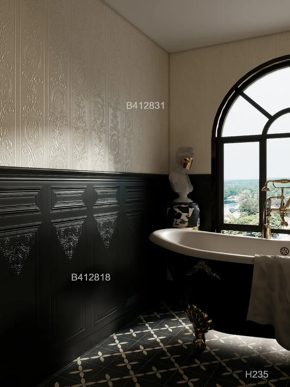 Charcoal Grey Geometric Floral Pattern Look Porcelain Tile for Wall & Floor