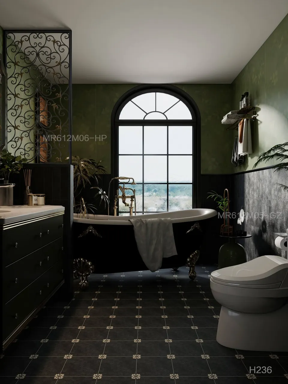 Charcoal Grey Minimal Floral Corner Pattern Look Porcelain Tile for Wall & Floor