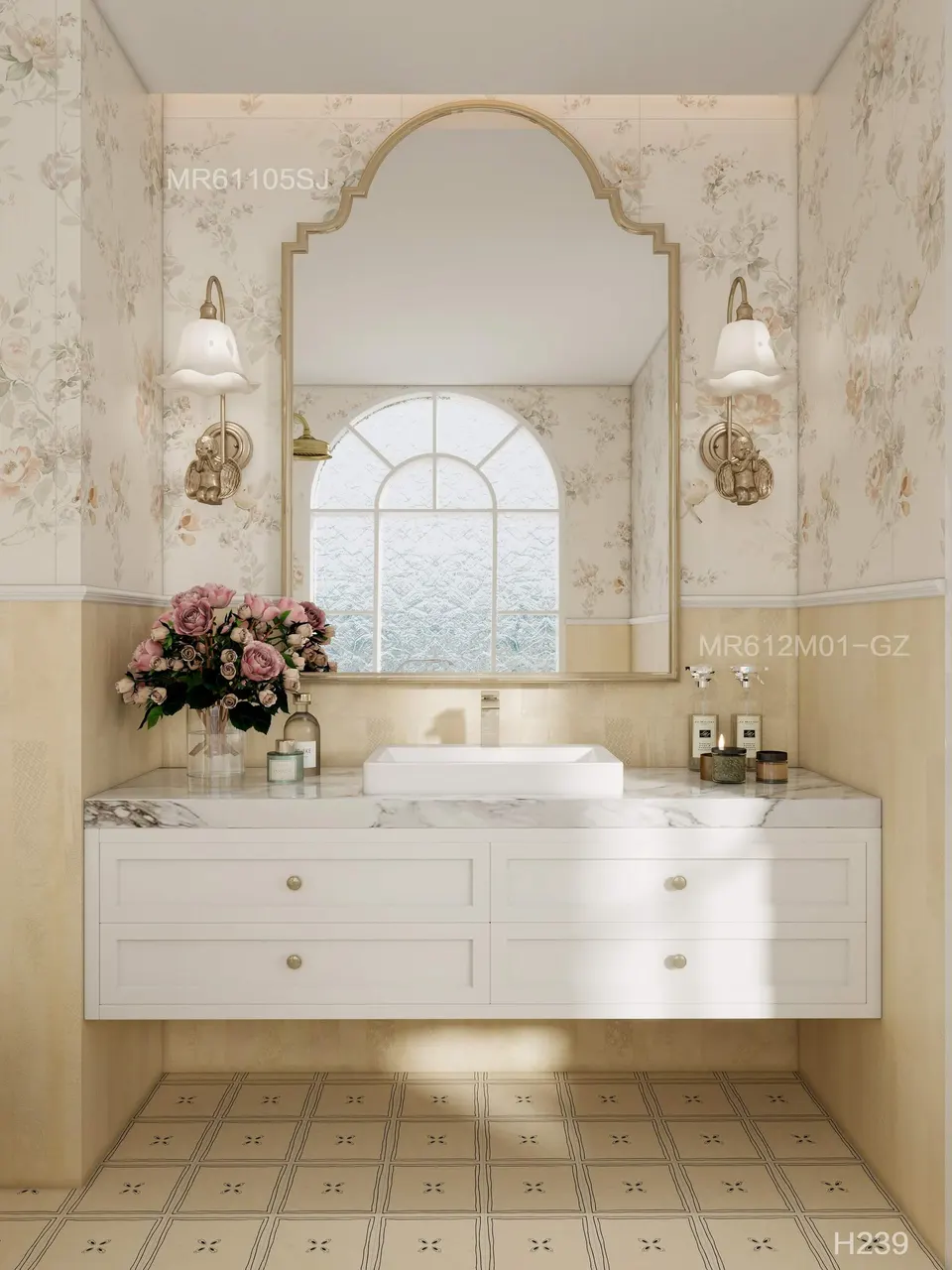 Ivory Minimal Floral Border Pattern Look Porcelain Tile for Wall & Floor