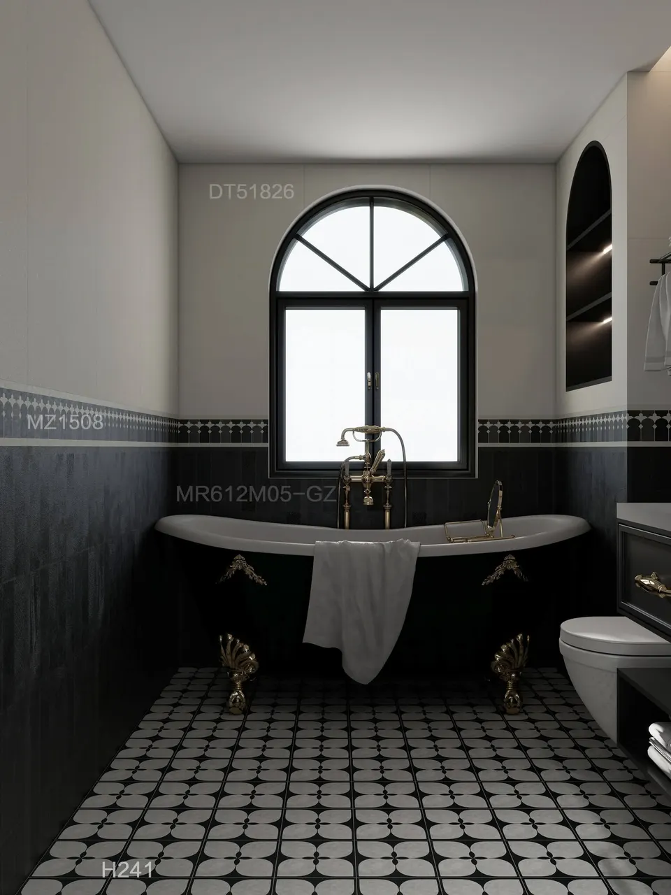 Black and White Rounded Geometric Floral Pattern Look Porcelain Tile for Wall & Floor