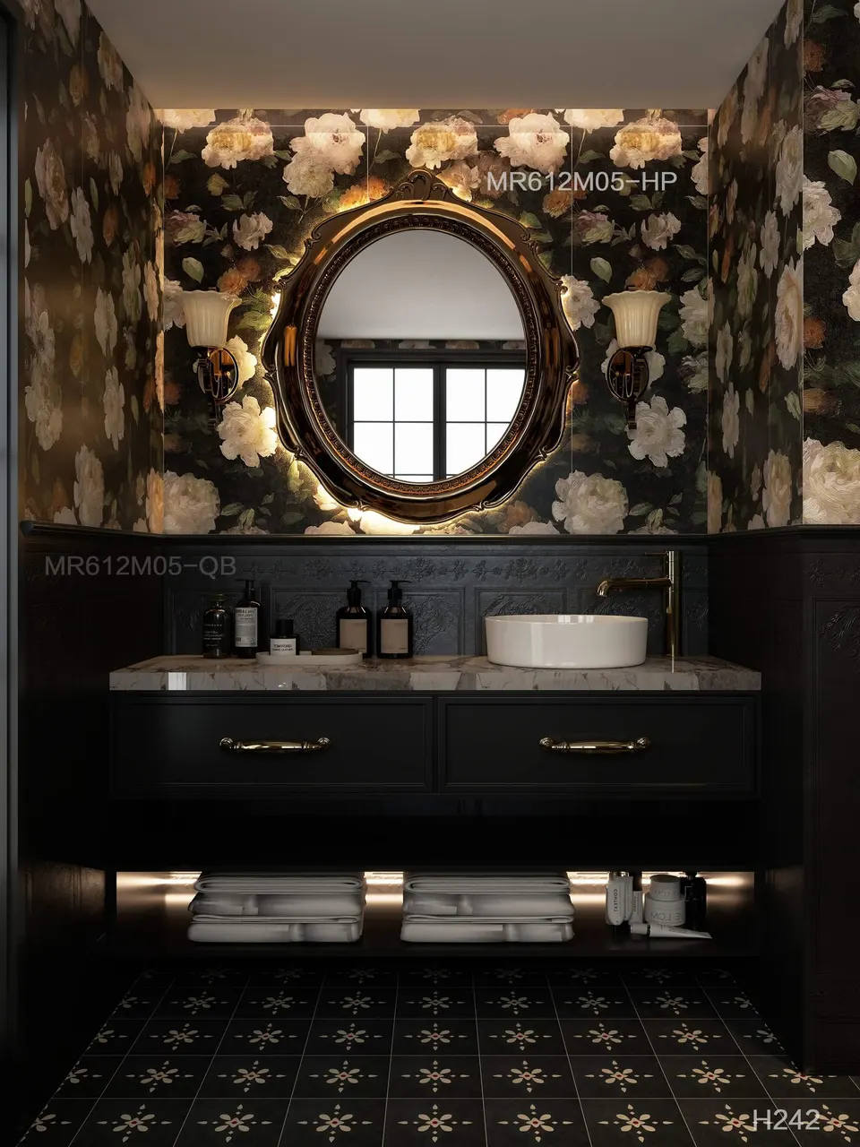 Charcoal Grey Floral Medallion Pattern Look Porcelain Tile for Wall & Floor