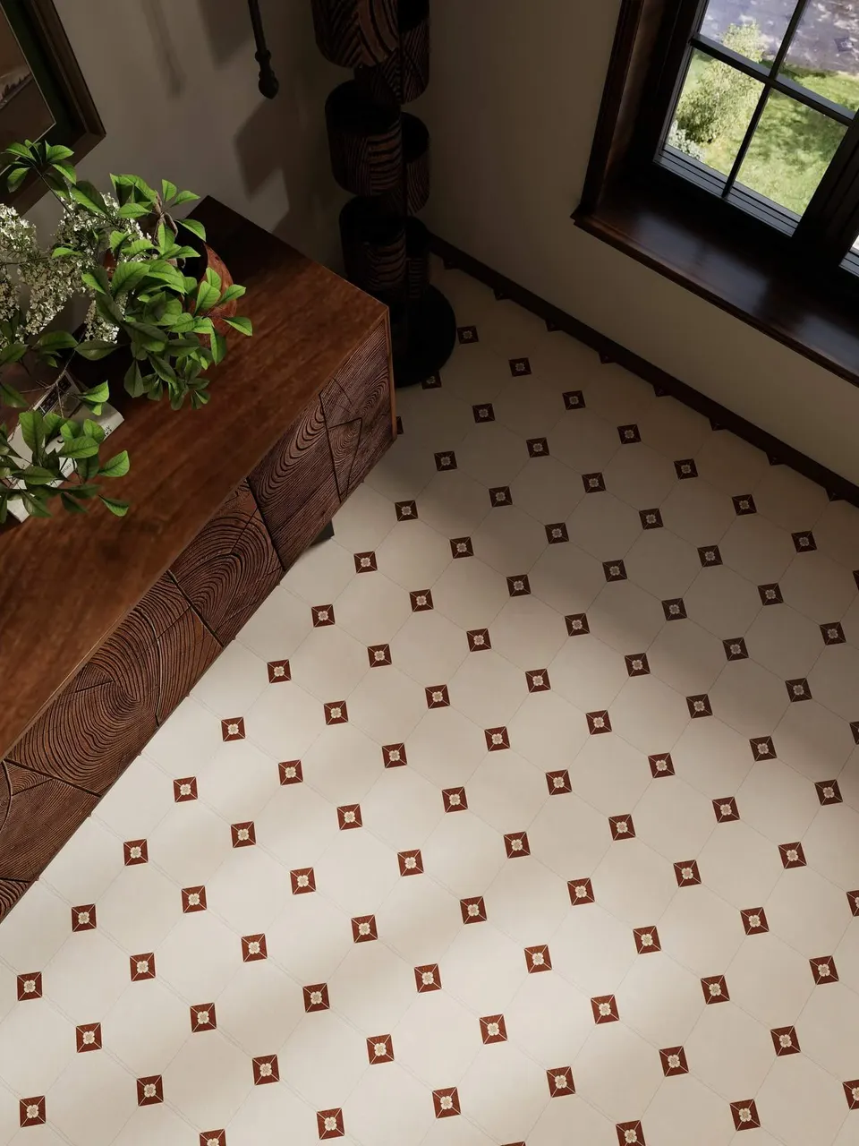 Ivory White and Burgundy Geometric Corner Floral Pattern Look Porcelain Tile for Wall & Floor