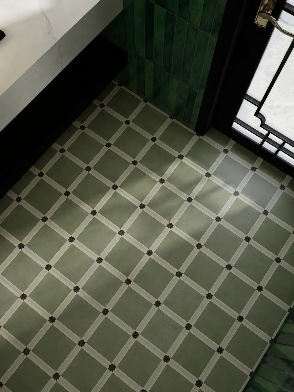Sage Green Grid Frame Pattern Look Porcelain Tile for Wall & Floor