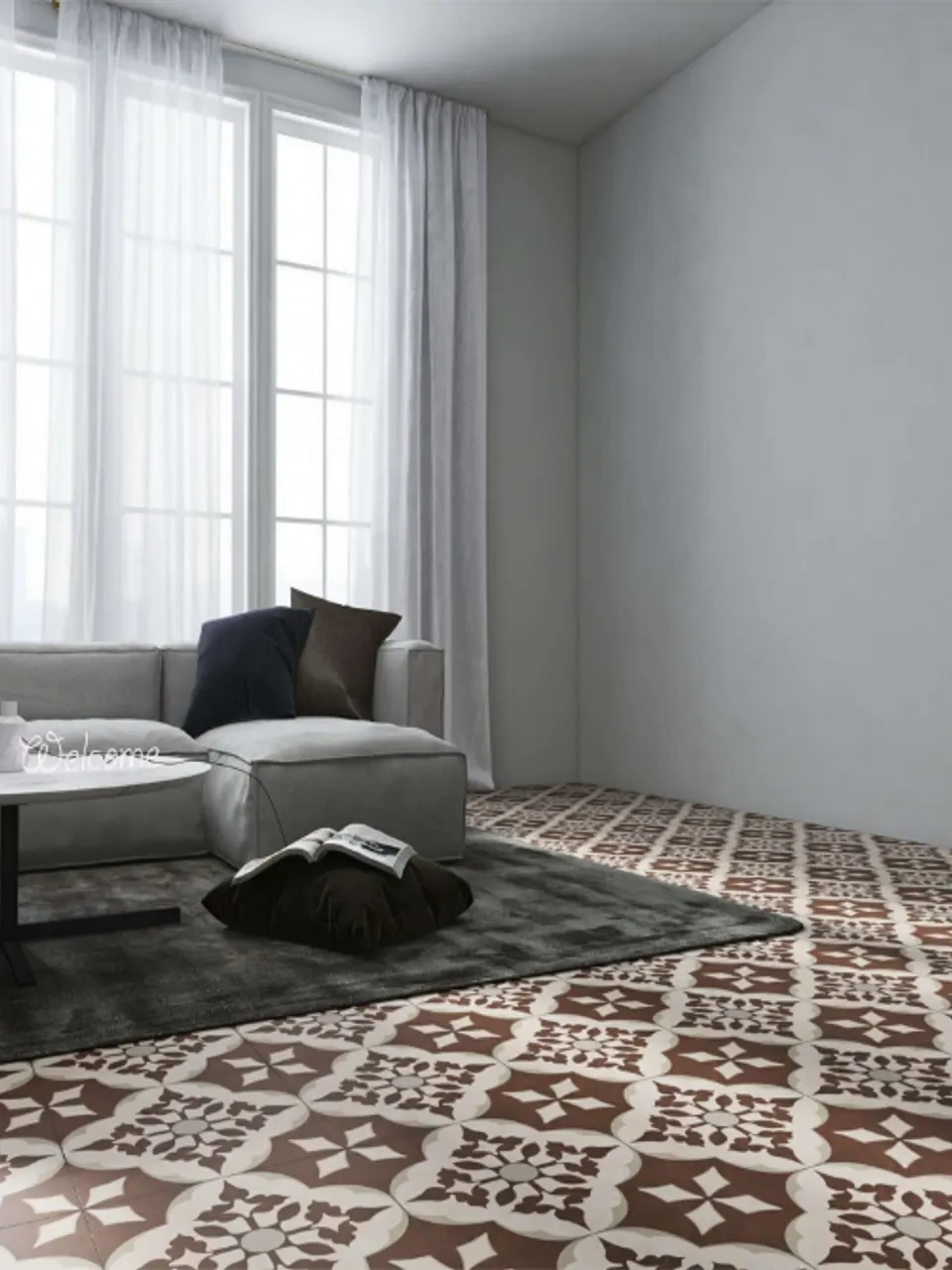 Warm Brown Ornamental Floral Medallion Pattern Look Porcelain Tile for Wall & Floor