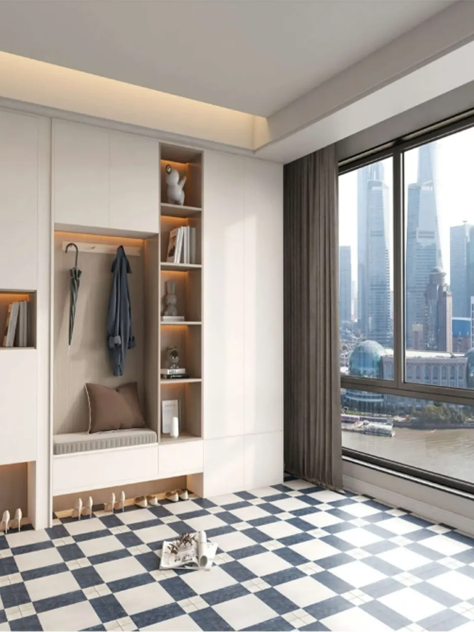 Light Beige and Navy Blue Geometric Frame Pattern Look Porcelain Tile for Wall & Floor