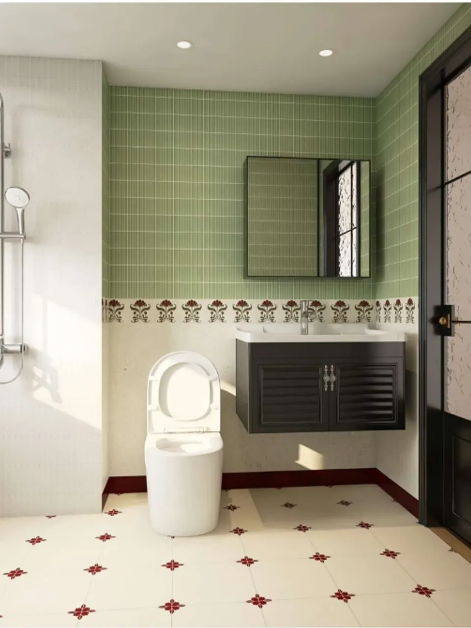 Ivory Beige Burgundy Corner Floral Pattern Look Porcelain Tile for Wall & Floor