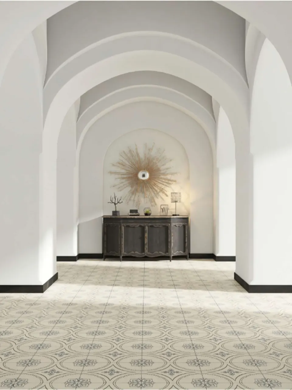 Ivory White Ornamental Floral Geometric Pattern Look Porcelain Tile for Wall & Floor