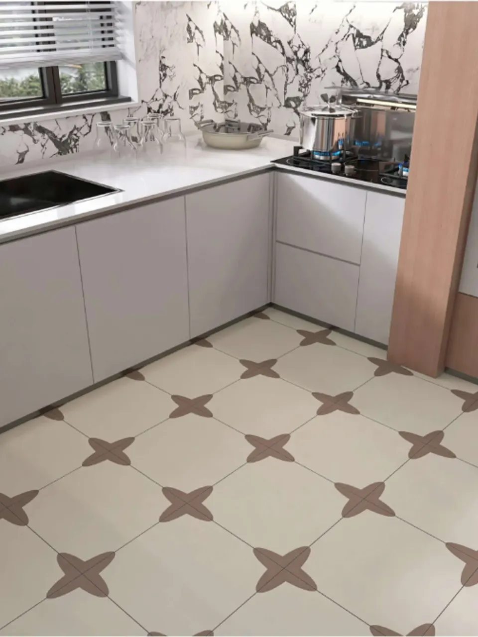 Ivory & Chestnut Brown Corner Petal Floral-Look Porcelain Tile for Wall & Floor