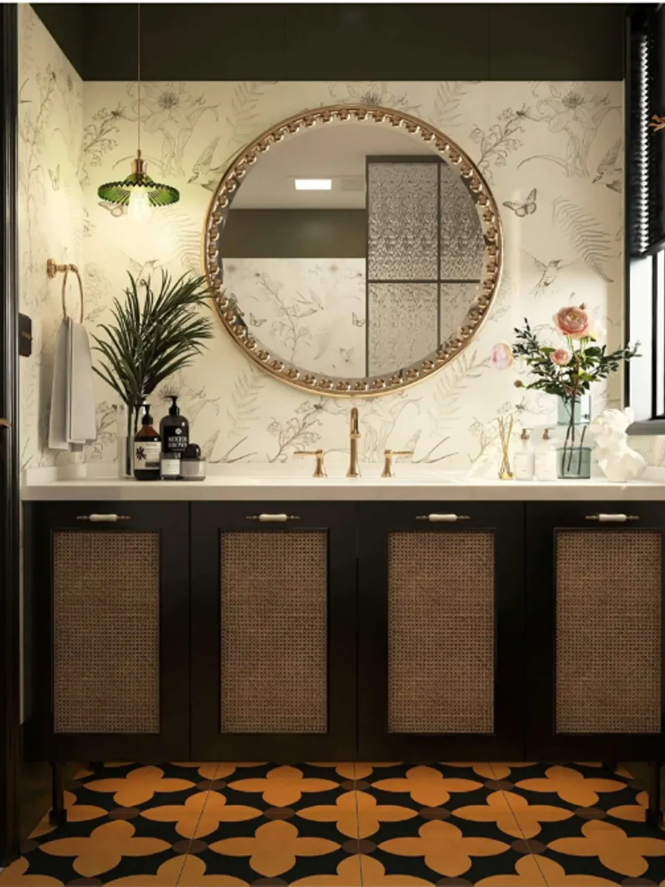 Warm Beige & Charcoal Quatrefoil Floral-Look Porcelain Tile for Wall & Floor