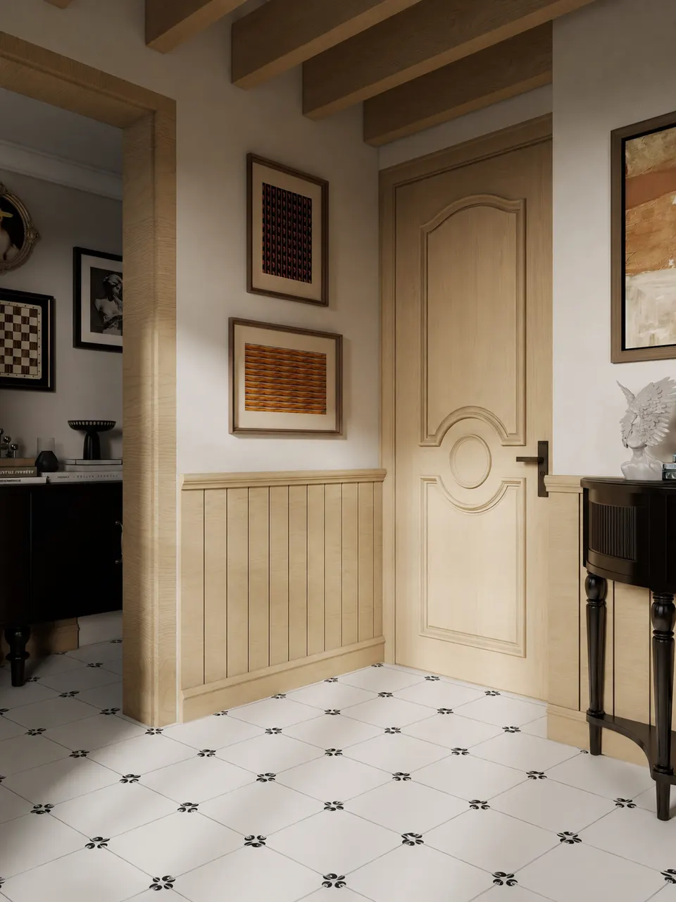 Light Grey & Black Corner Petal Floral-Look Porcelain Tile for Wall & Floor