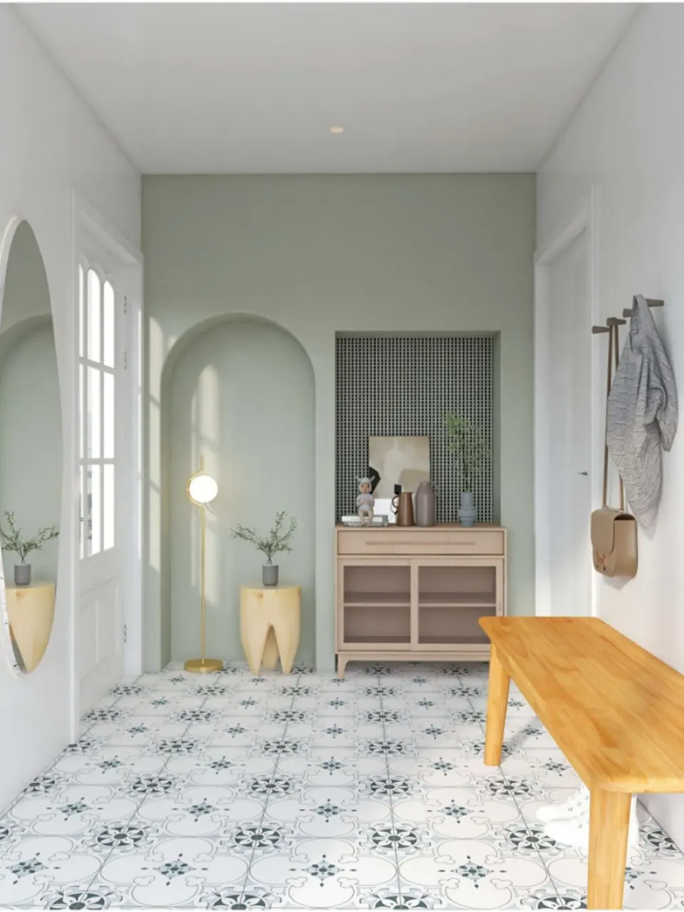 Soft Sage Green & White Quatrefoil Floral-Look Porcelain Tile for Wall & Floor