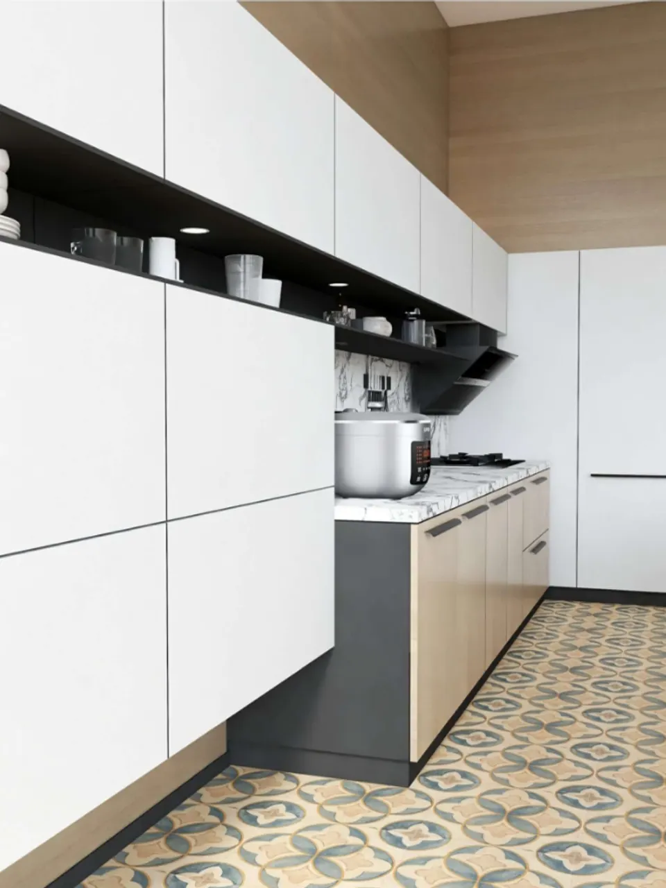 Warm Beige, Slate Blue & Terracotta Interlocking Floral Pattern Porcelain Tile for Wall & Floor