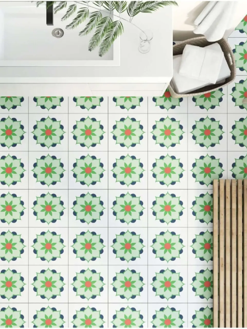 Soft White, Mint Green & Terracotta Lotus Medallion Floral-Look Porcelain Tile for Wall & Floor