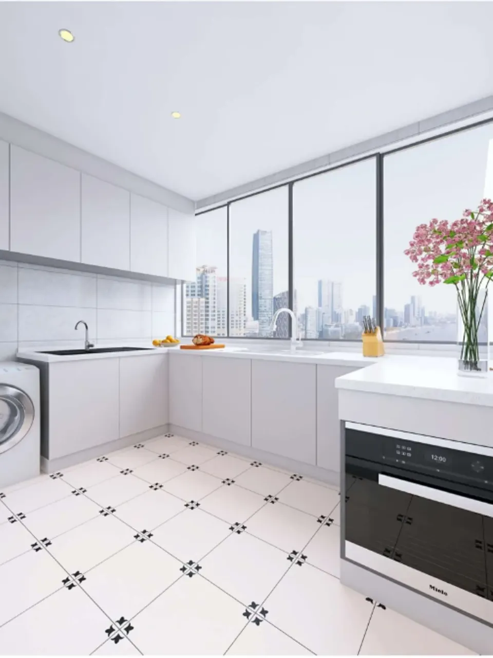 Warm Greige & Black Corner Fleur-de-Lis Floral-Look Porcelain Tile for Wall & Floor