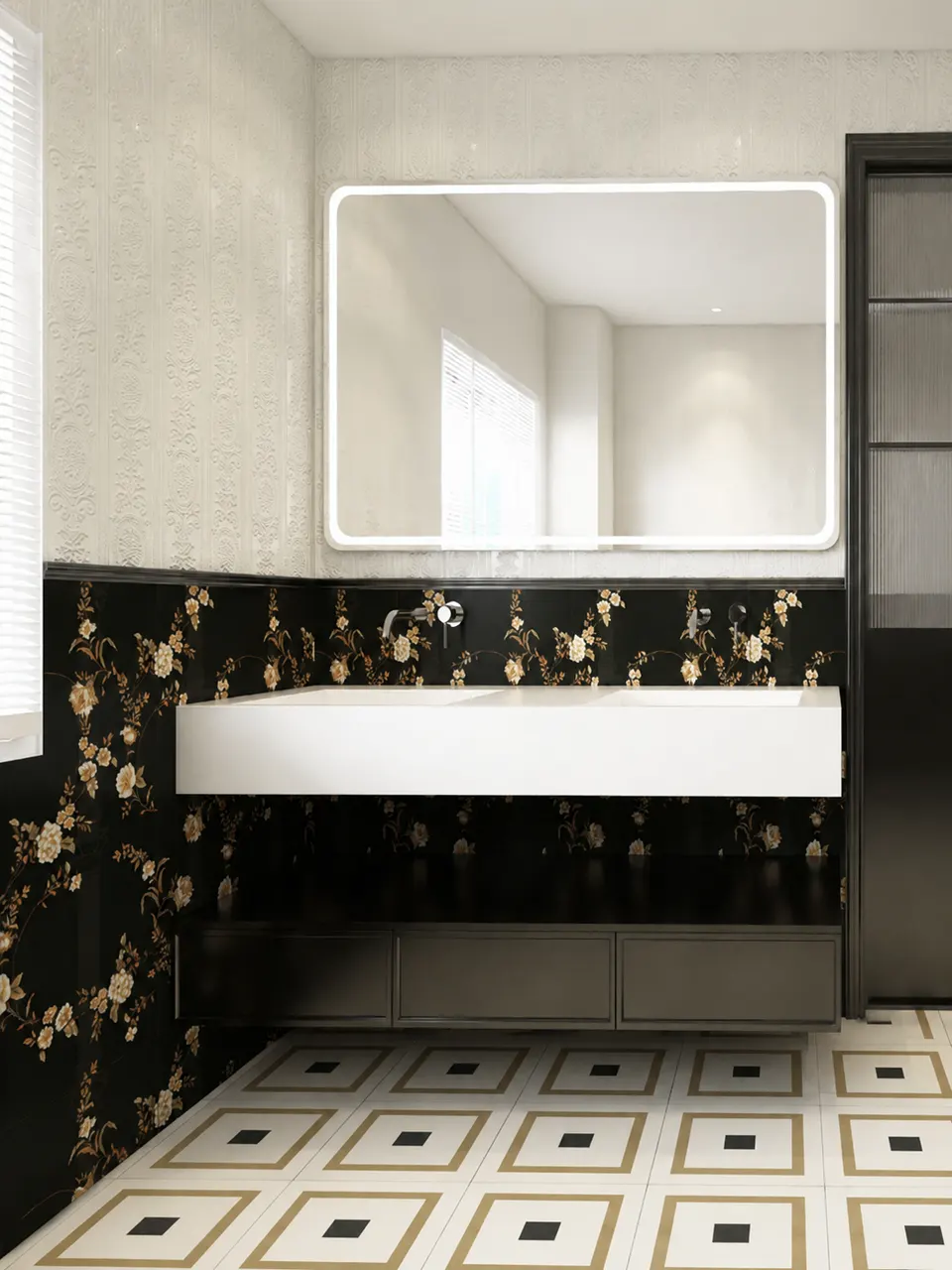 White, Sand Beige & Charcoal Concentric Square Geometric Pattern Porcelain Tile for Wall & Floor