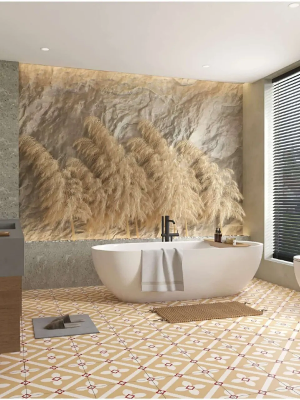 Sand Beige, Ivory & Carmine Diamond Floral Pattern Porcelain Tile for Wall & Floor
