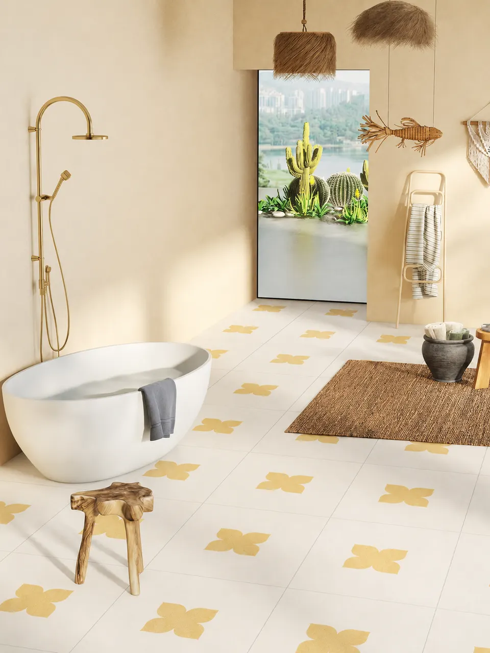 Soft Yellow Four-Petal Flower Small Tile for Walls and Floors