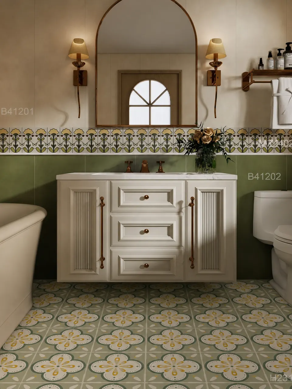 Sage Green Four-Petal Flower Small Tile for Walls and Floors