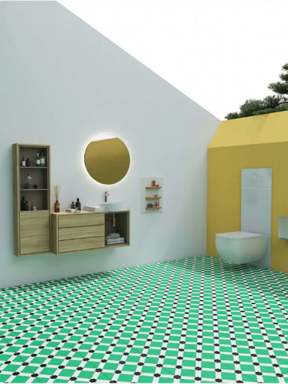 Teal Green, White & Black Star Lattice Geometric Pattern Porcelain Tile for Wall & Floor