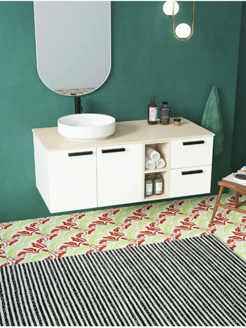 White, Soft Mint Green & Terracotta Medallion Floral Arabesque Pattern Porcelain Tile for Wall & Floor