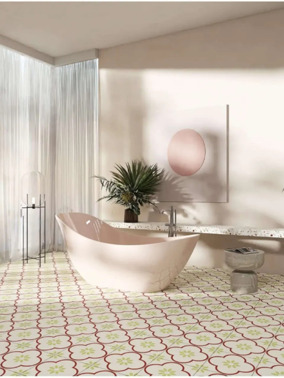 Warm White, Terracotta Red & Leaf Green Quatrefoil Floral-Look Porcelain Tile for Wall & Floor