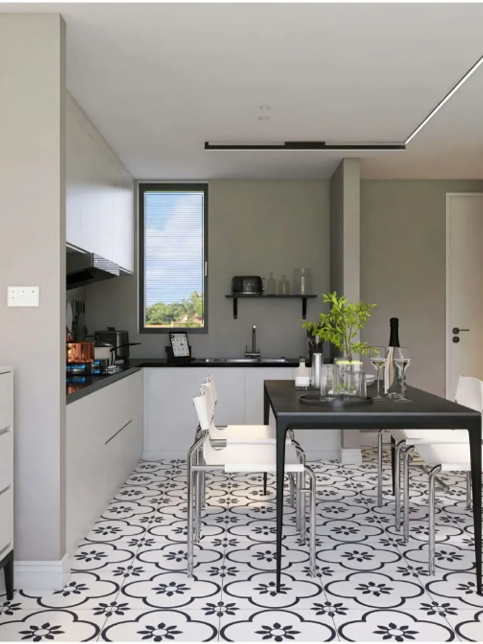 Black & White Floral Quatrefoil Pattern-Look Porcelain Tile for Wall & Floor