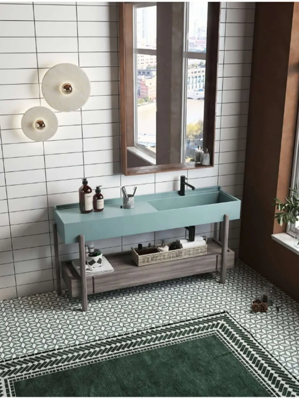 Deep Green Geometric Floral Pattern-Look Porcelain Tile for Wall & Floor