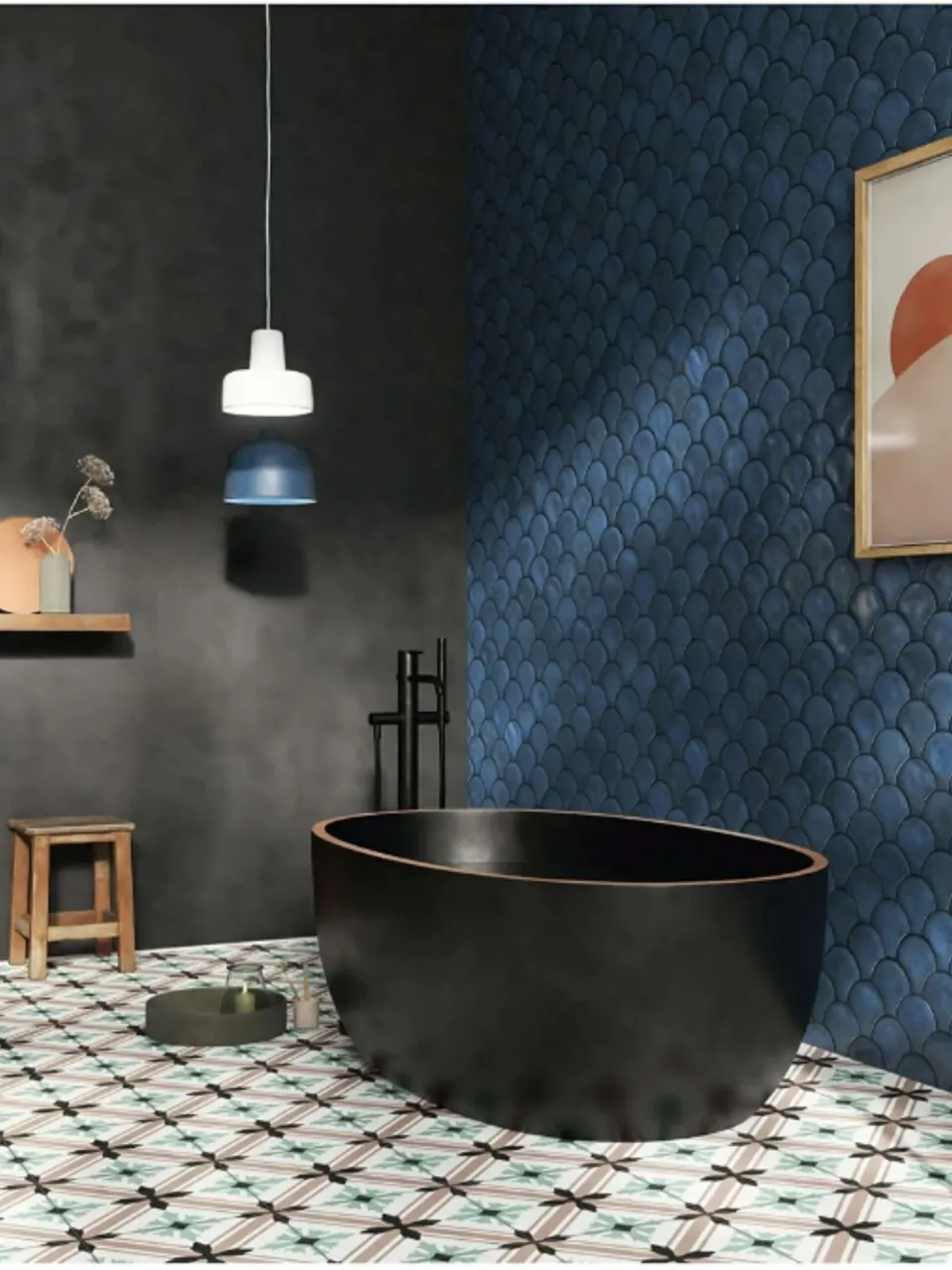 Ivory Taupe & Black Floral Geometric Pattern-Look Porcelain Tile for Wall & Floor