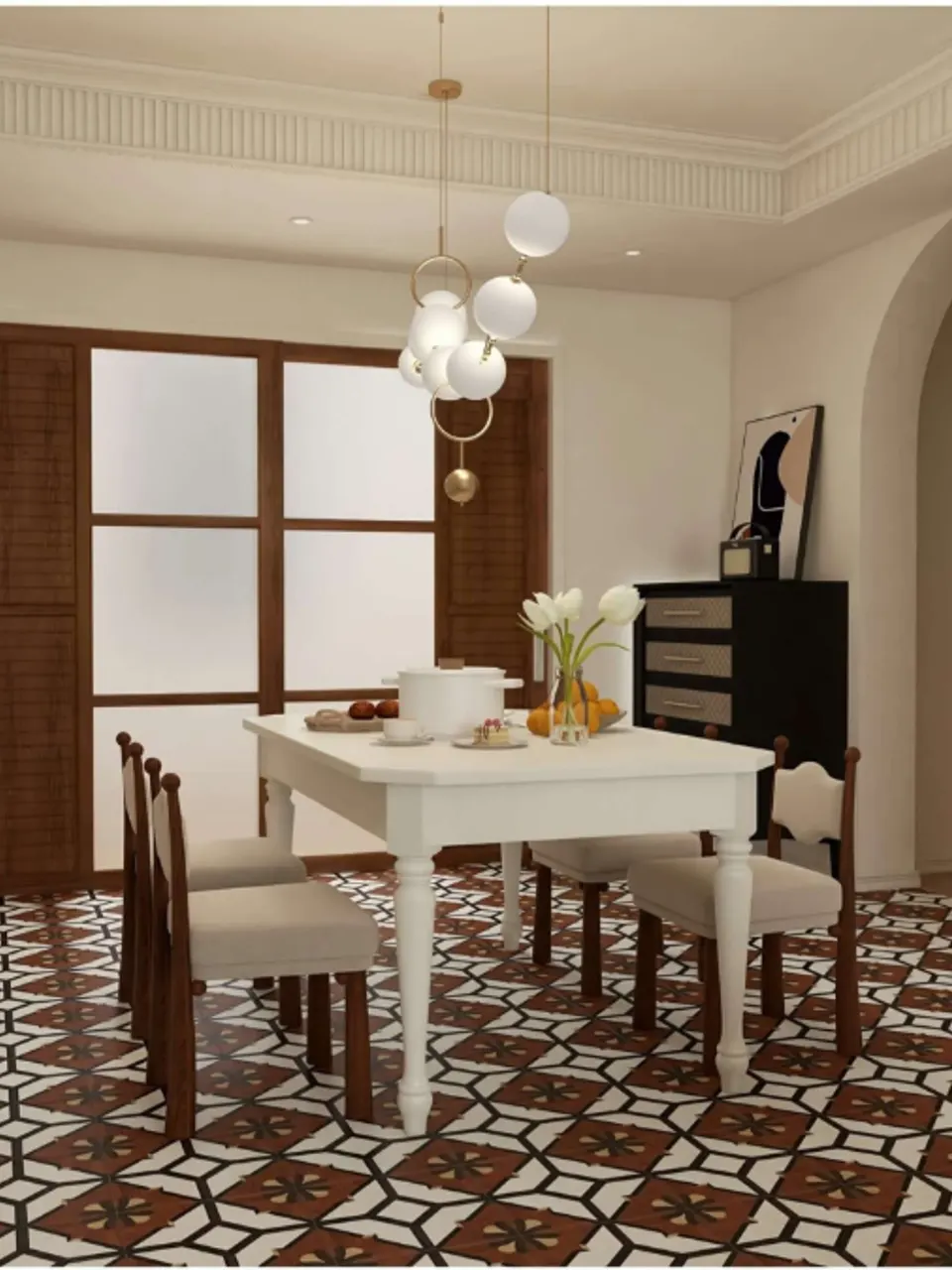 Walnut Brown, Black and White Marble Three-Petal Tulip Small Flower Tile for Walls and Floors