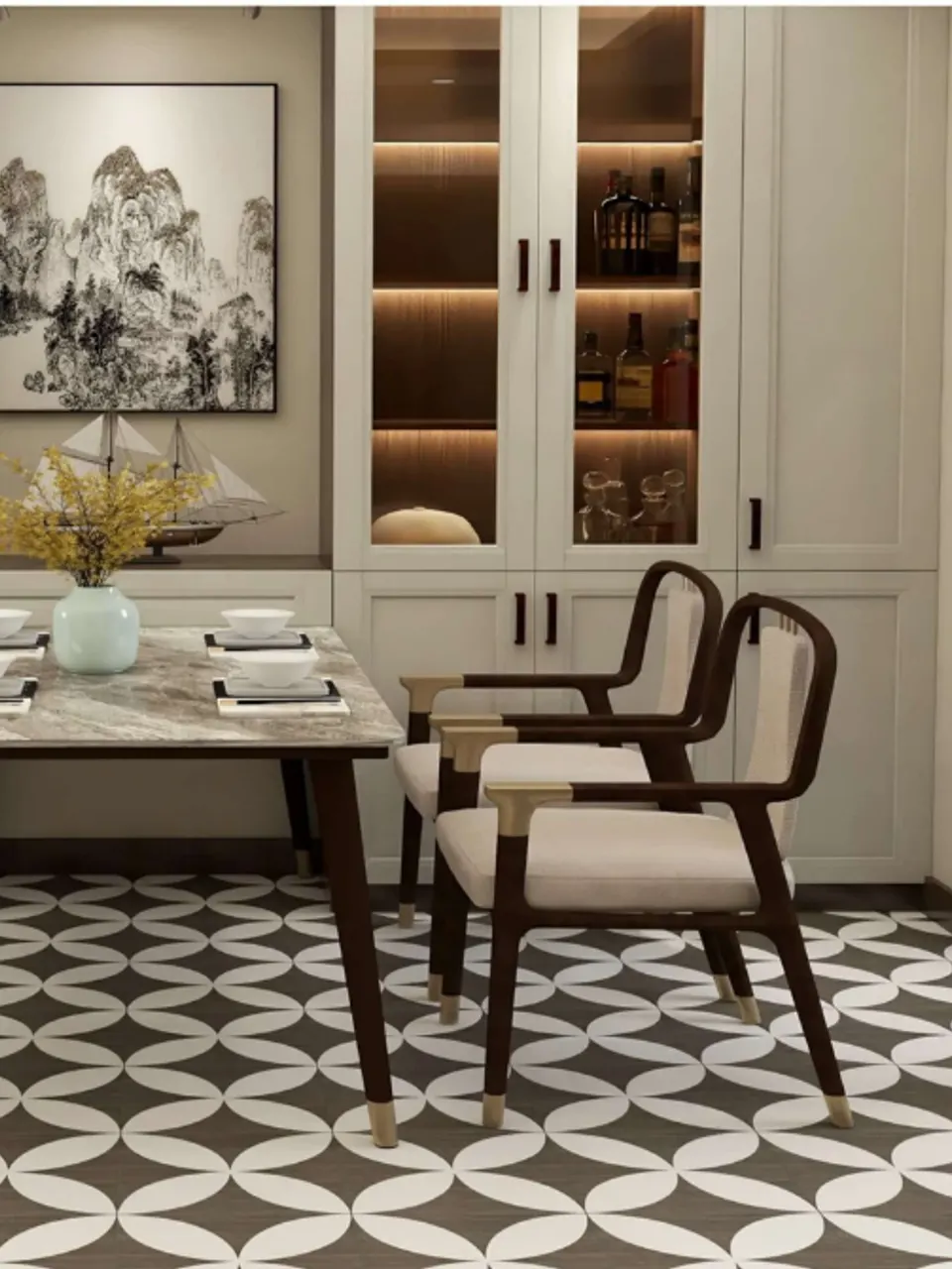 Dark Walnut Brown and White Four-Petal Clover Small Flower Tile for Walls and Floors