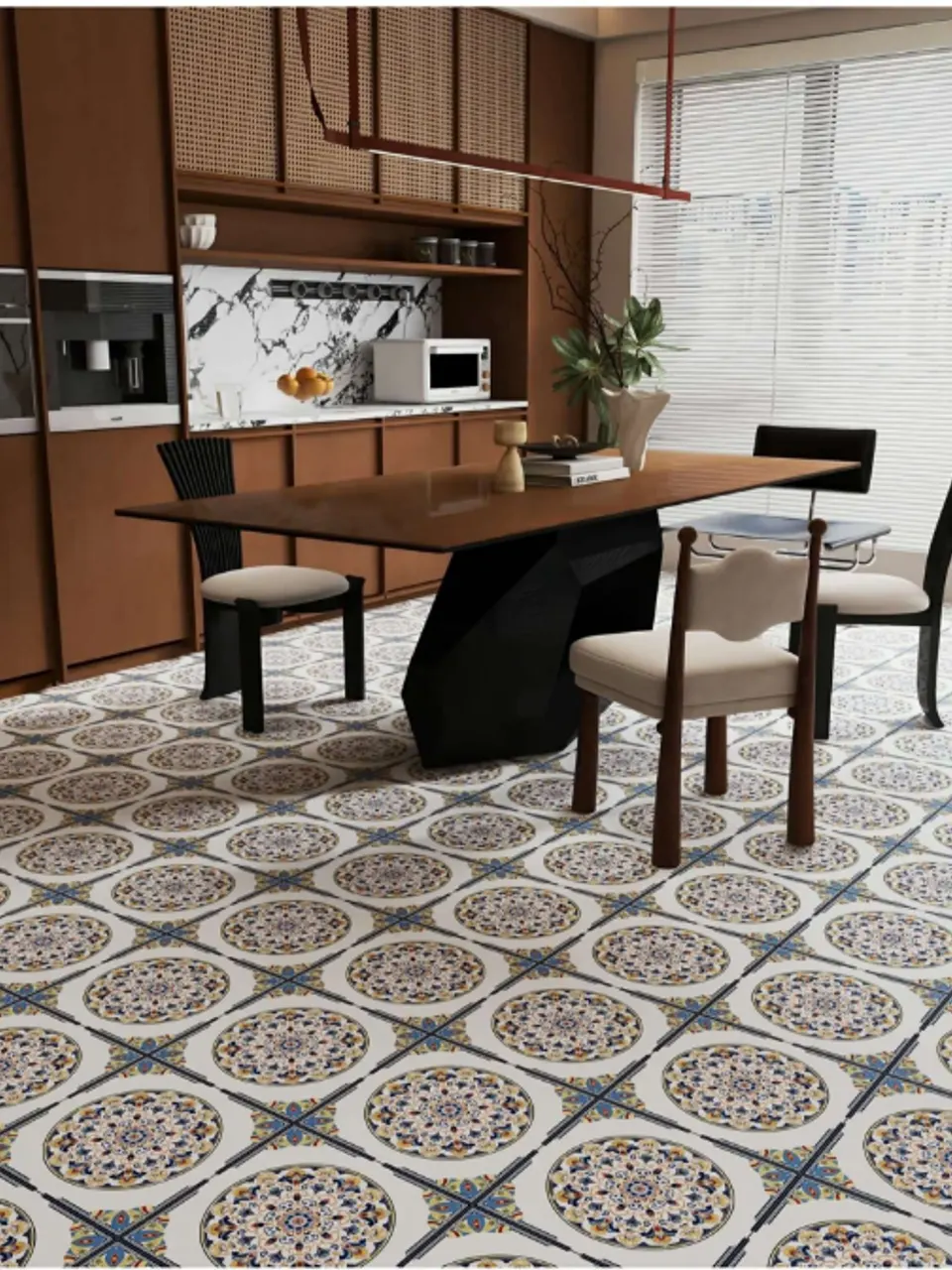 Blue, Yellow and White Circular Floral Medallion Small Flower Tile for Walls and Floors