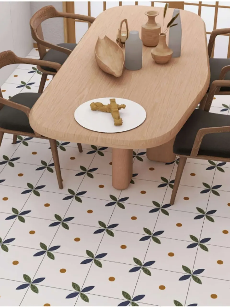 White, Blue, Sage Green and Mustard Four-Petal Leaf Flower Small Flower Tile for Walls and Floors