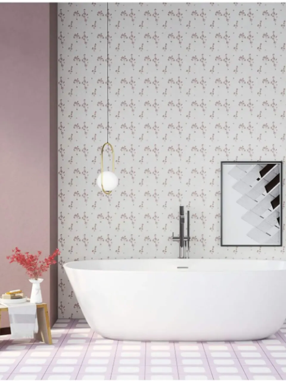 Blush Pink and White Rounded Square Small Flower Tile for Walls and Floors