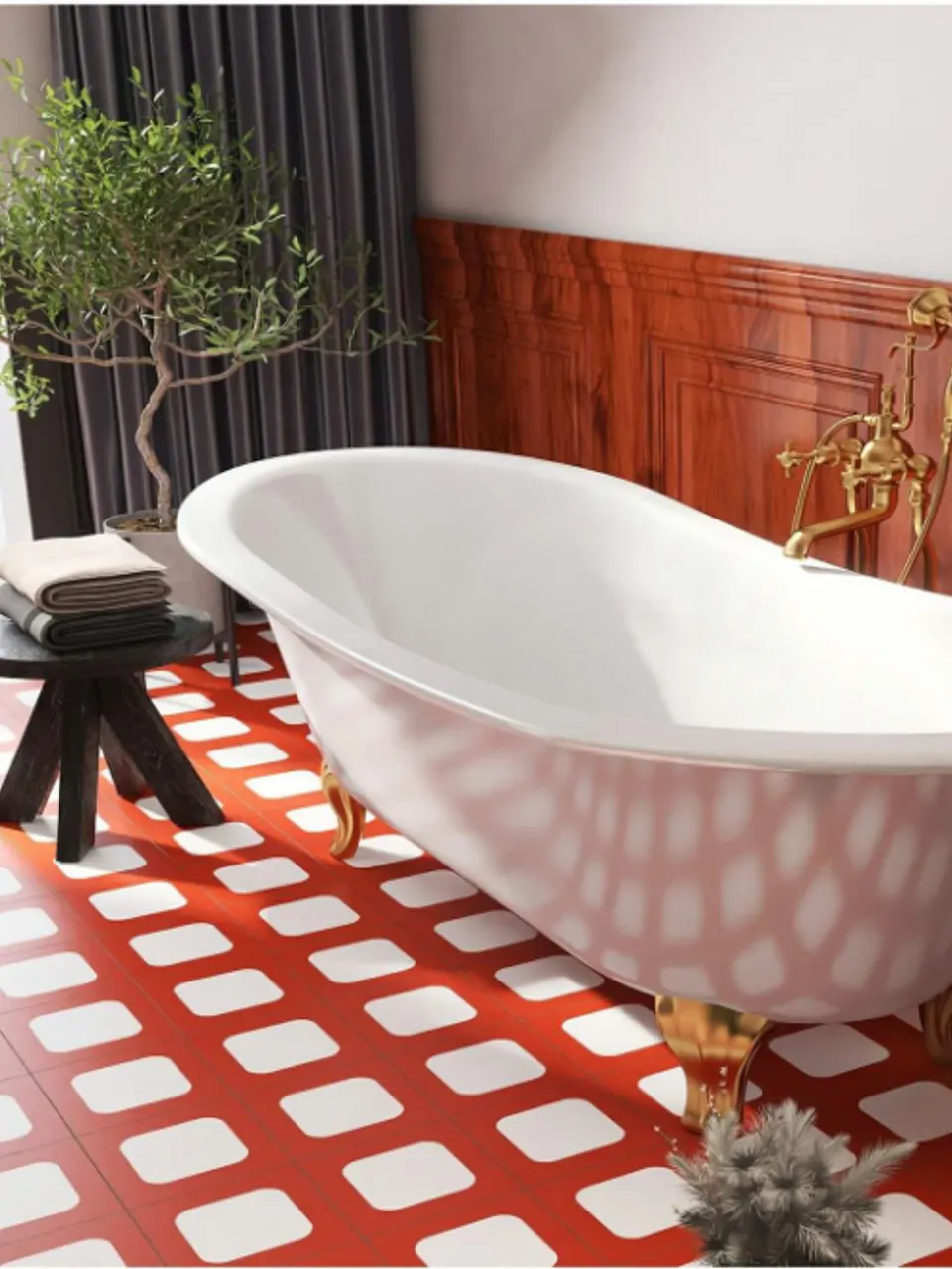 Terracotta Red and White Rounded Square Small Flower Tile for Walls and Floors